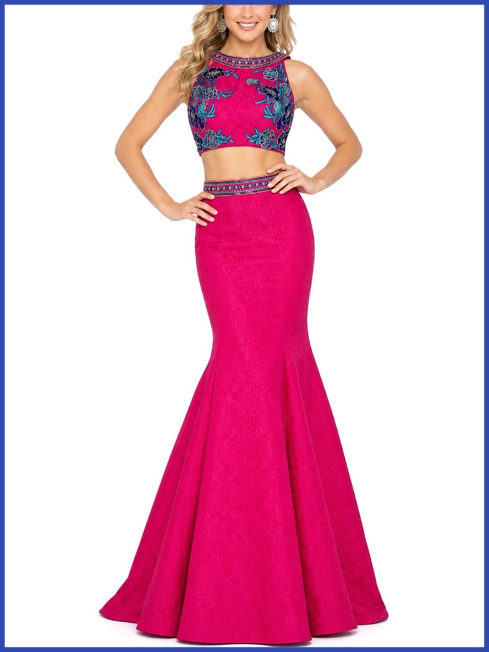 Mac Duggal Deep Pink Floral Two Piece Gown Dress